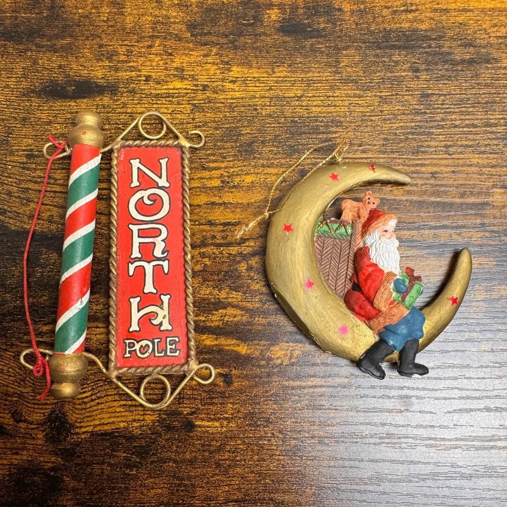 Vintage Christmas Ornament Lot of 2 Santa Moon‎ North Pole Resin Holiday Decor